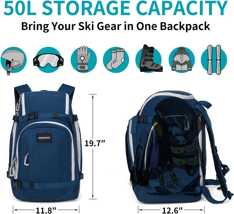 NONSAR Store Ski Boot Bag, 50L Snowboard Boot Travel Backpack - Waterproof Ski Bag for Ski Helmet, Googles, Gloves, Skis, Snowboard & Accessories for Men Women - Image 2